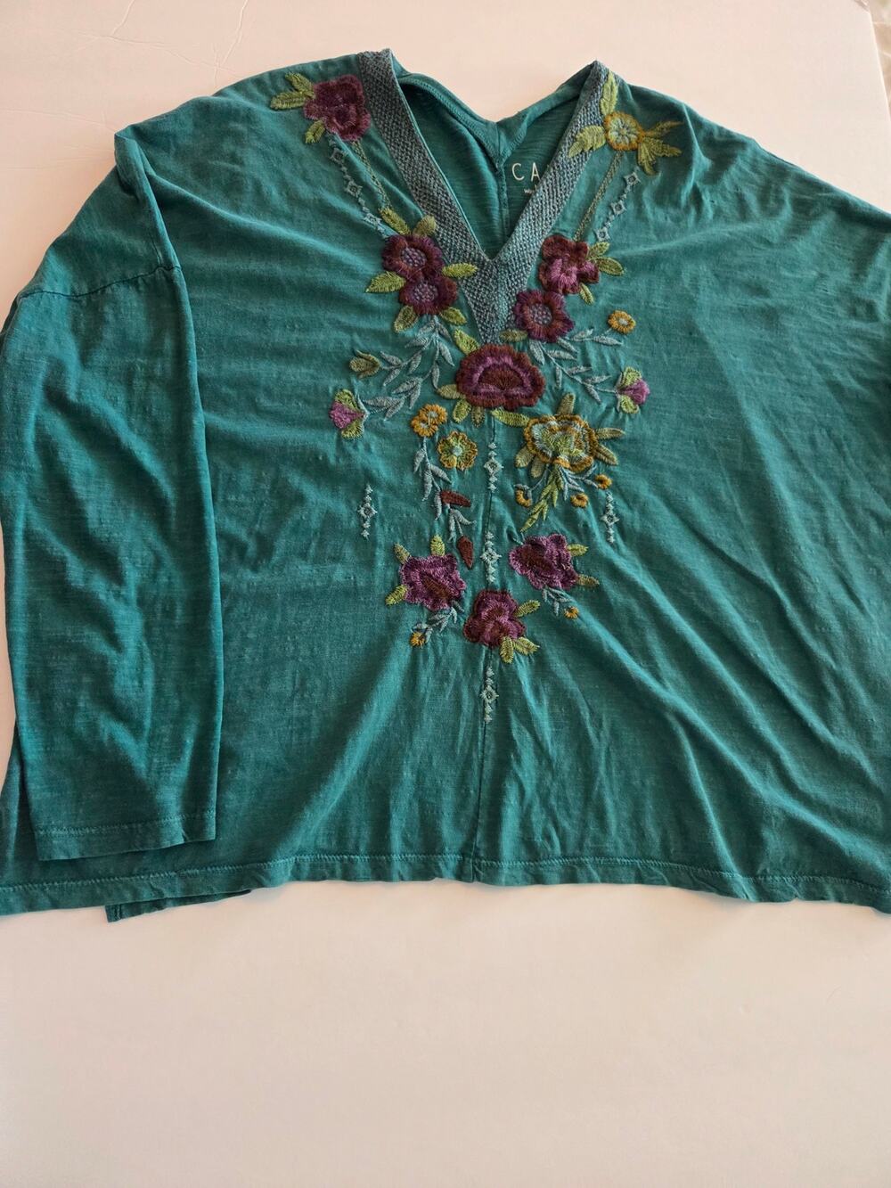 Caite Boho Embroidered Slub Knit Top Teal Green Floral V-Neck Oversized Tunic XL